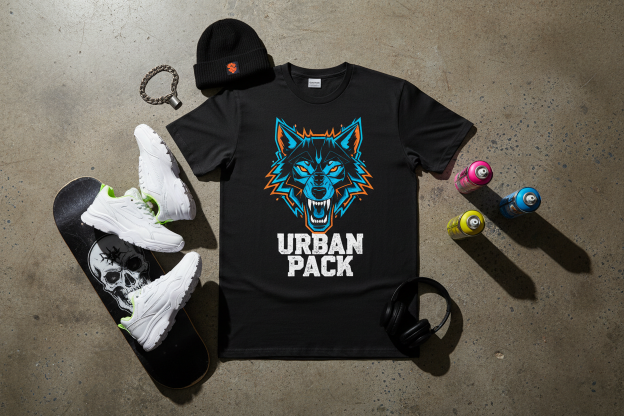 FLAT LAY TEE SHIRT STREEWEAR HIGH RESOLUTION PHOTO